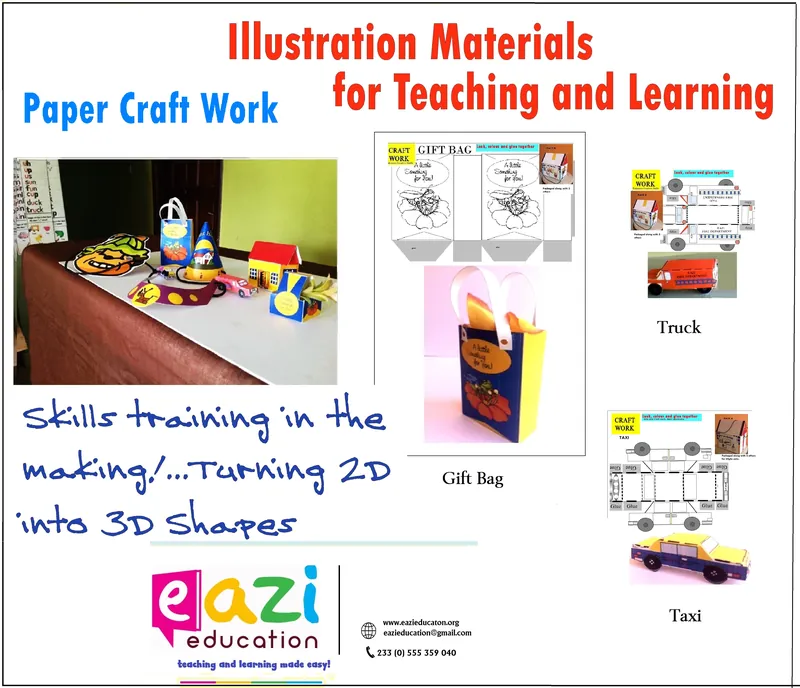 Paper craft work sheet showing a gift bag, truck and taxi made from 2D templates