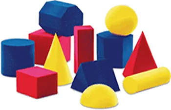 Coloured 3D geometric solids: cubes, cylinders, cones and pyramids
