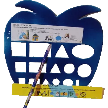 Blue apple-shaped stencil with cut-out shapes and a pencil