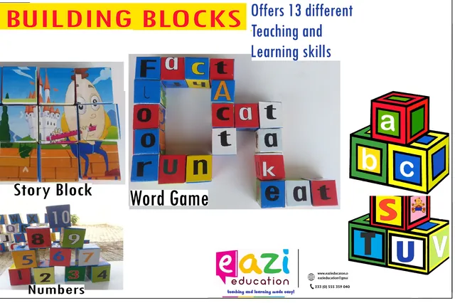 Building blocks: story block, word game and number blocks