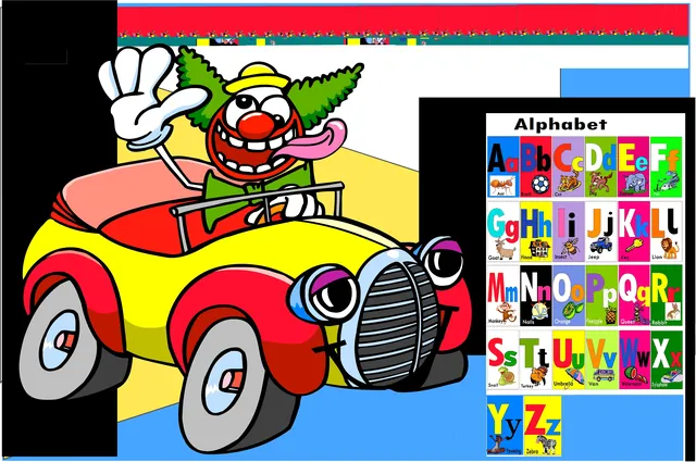 Alphabet carpet with a clown driving a red car
