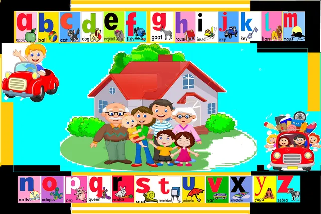 Alphabet carpet with a family in front of a house