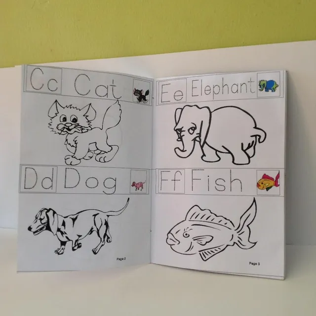 Colouring book pages: cat, dog, elephant and fish
