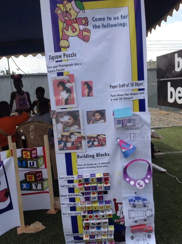 Illustration banners and building blocks on display at an exhibition